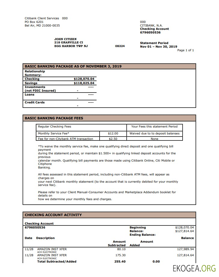 Modèle de relevé de banque de la ville des États Unis au format Word et PDF